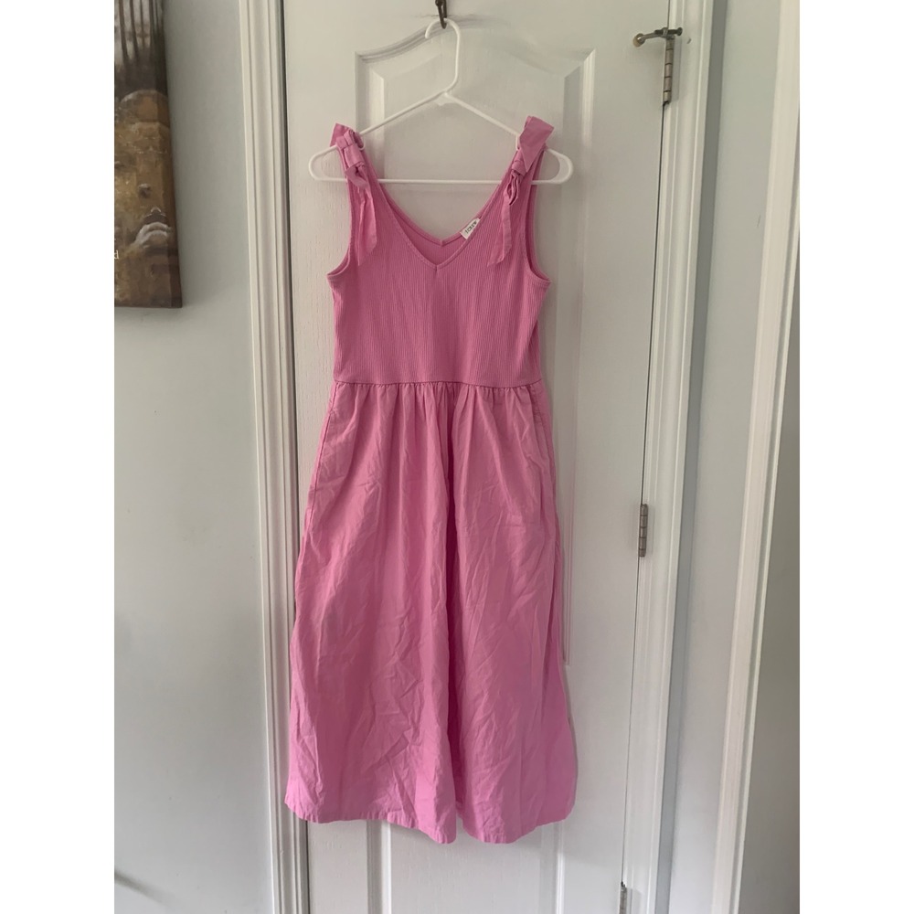 J.Crew Pink Ribbed Tie Shoulder Midi Dress with Pockets Mixed Media Medium